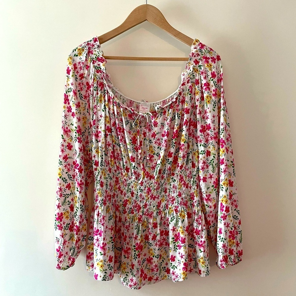 No Boundaries Pink Floral Peasant Blouse Off The Shoulder Peplum Waist Size 3X